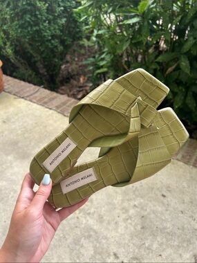 ANTONIO MELANI Olive Green Croc-Embossed Slide Mules